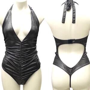 Frederick's of Hollywood Metallic Pewter Halter Top Deep V-Neck Bodysuit Large